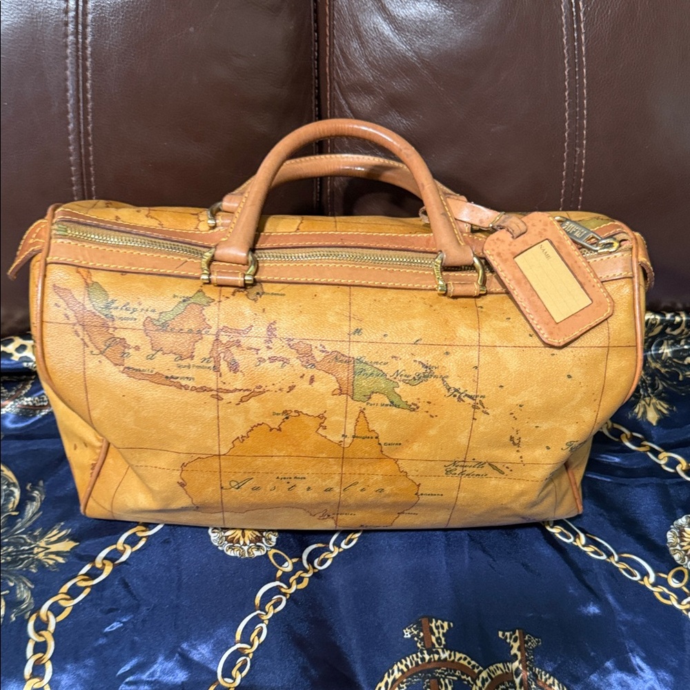 Vintage Alviero Martini Map Print Tan Leather Duffel Bag